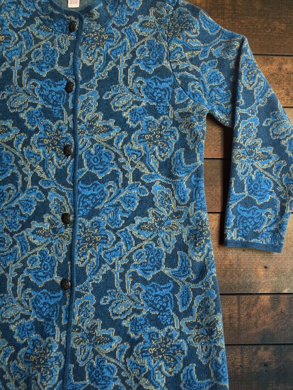 Sundance Merino Wool Floral Jacquard Long Cardigan Coat Blue Boho Cottagecore XL - Picture 4 of 9
